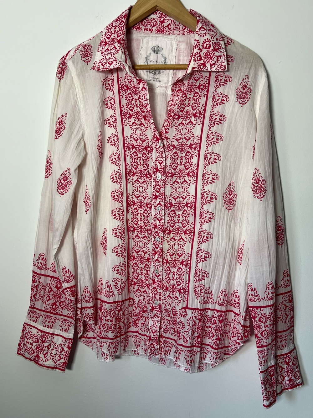 Cino Sundance Gauzy Crinkle Cotton Paisley Print Shirt Chic Beachy Boho